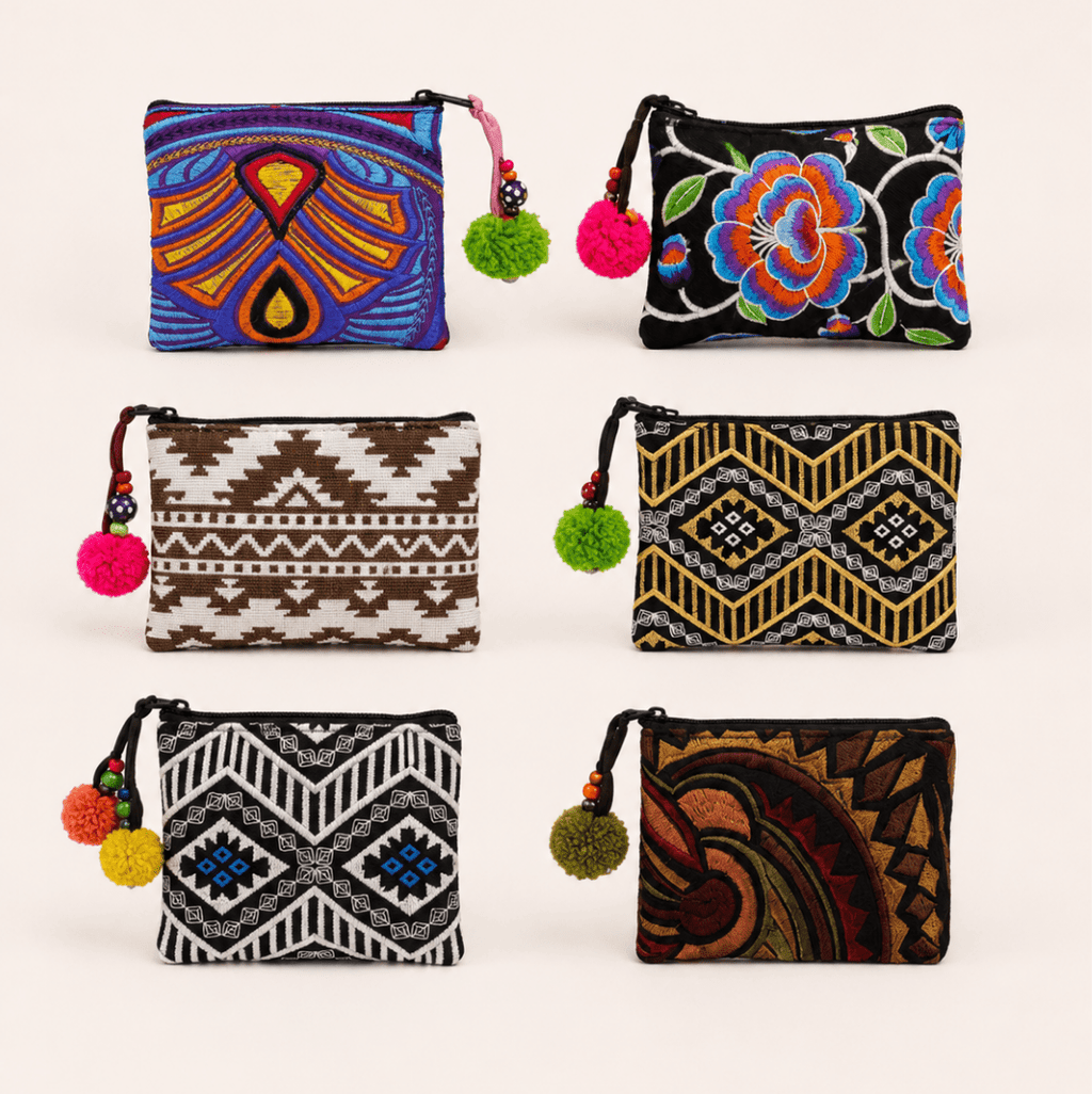 Embroidered Coin Purse Florals and Geometrics Assorted - Thailand Bags La Vie Bien Embroidered Coin Purse Florals and Geometrics Assorted - Thailand
