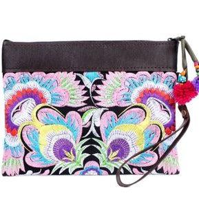 Embroidered Flower Leather Trim Wristlet - Thailand Bags La Vie Bien Embroidered Flower Leather Trim Wristlet - Thailand
