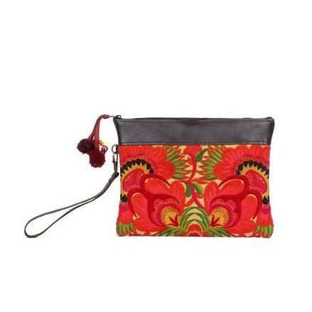 Embroidered Flower Leather Trim Wristlet - Thailand Bags La Vie Bien Embroidered Flower Leather Trim Wristlet - Thailand