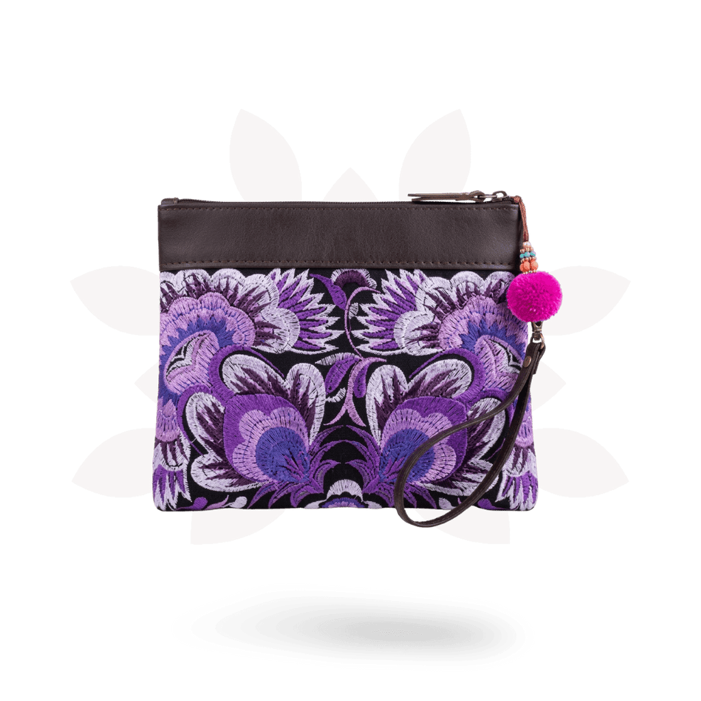 Embroidered Flower Leather Trim Wristlet - Thailand Bags La Vie Bien Embroidered Flower Leather Trim Wristlet - Thailand