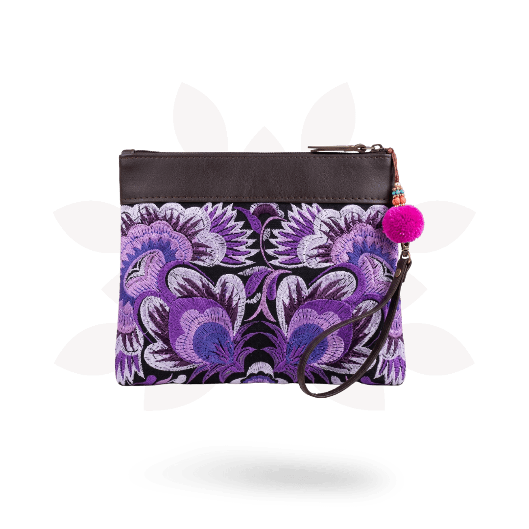 Embroidered Flower Leather Trim Wristlet - Thailand Bags La Vie Bien Embroidered Flower Leather Trim Wristlet - Thailand