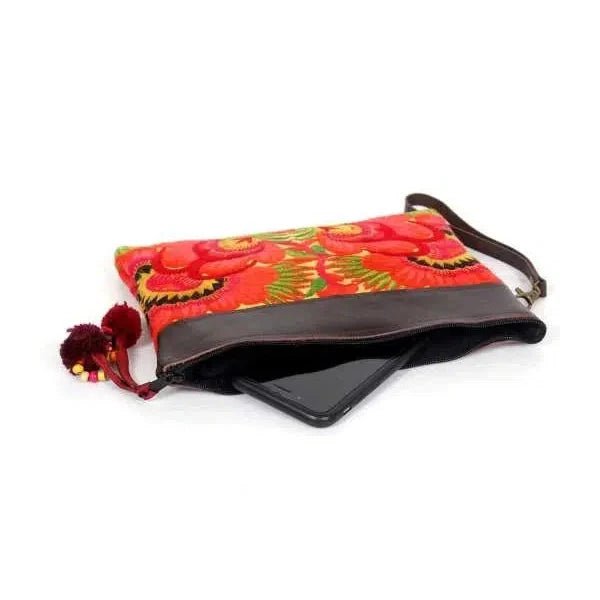 Embroidered Flower Leather Trim Wristlet - Thailand Bags La Vie Bien Embroidered Flower Leather Trim Wristlet - Thailand