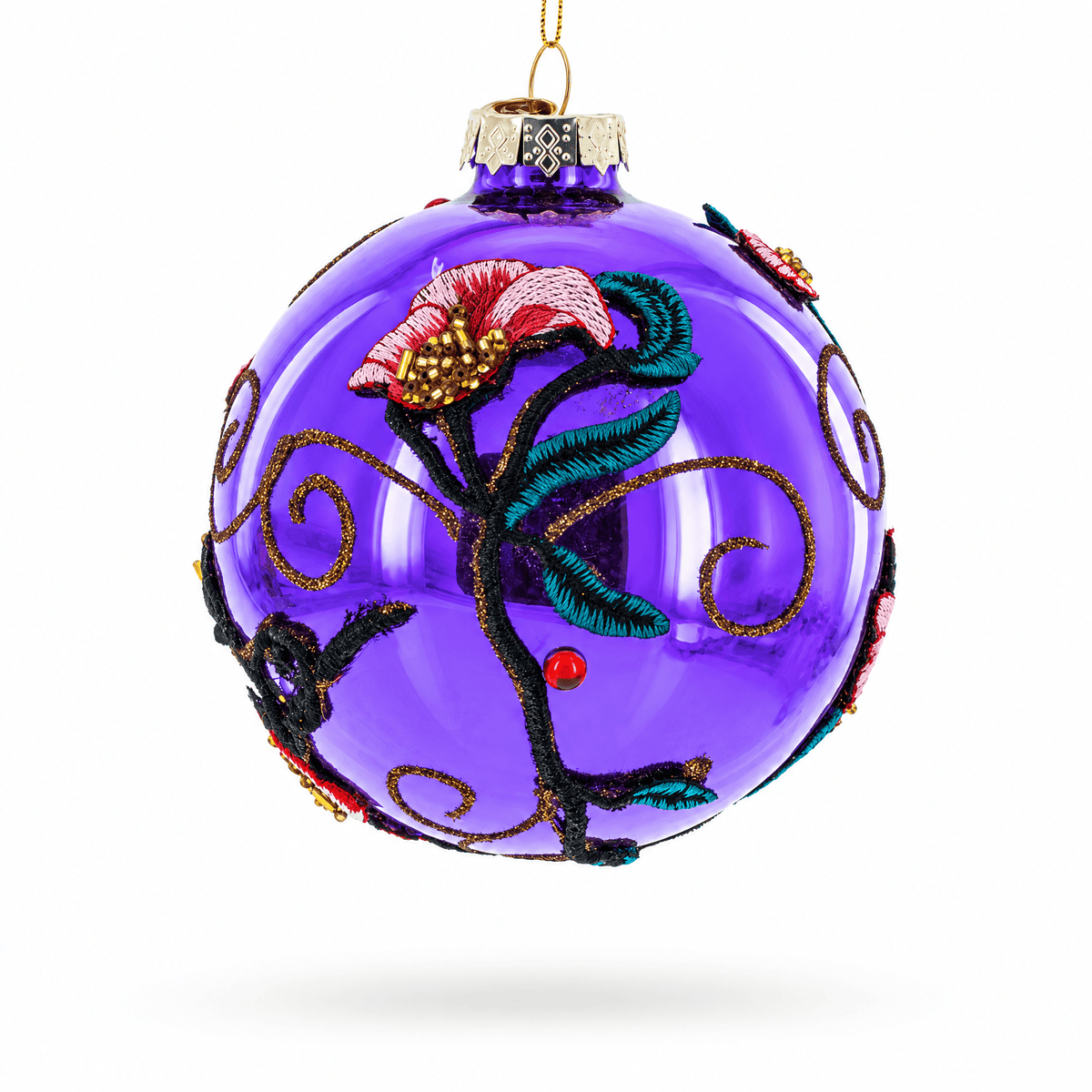 Embroidered Flowers on Purple Glass Ball Christmas Ornament Christmas Ornaments > Flowers La Vie Bien Embroidered Flowers on Purple Glass Ball Christmas Ornament