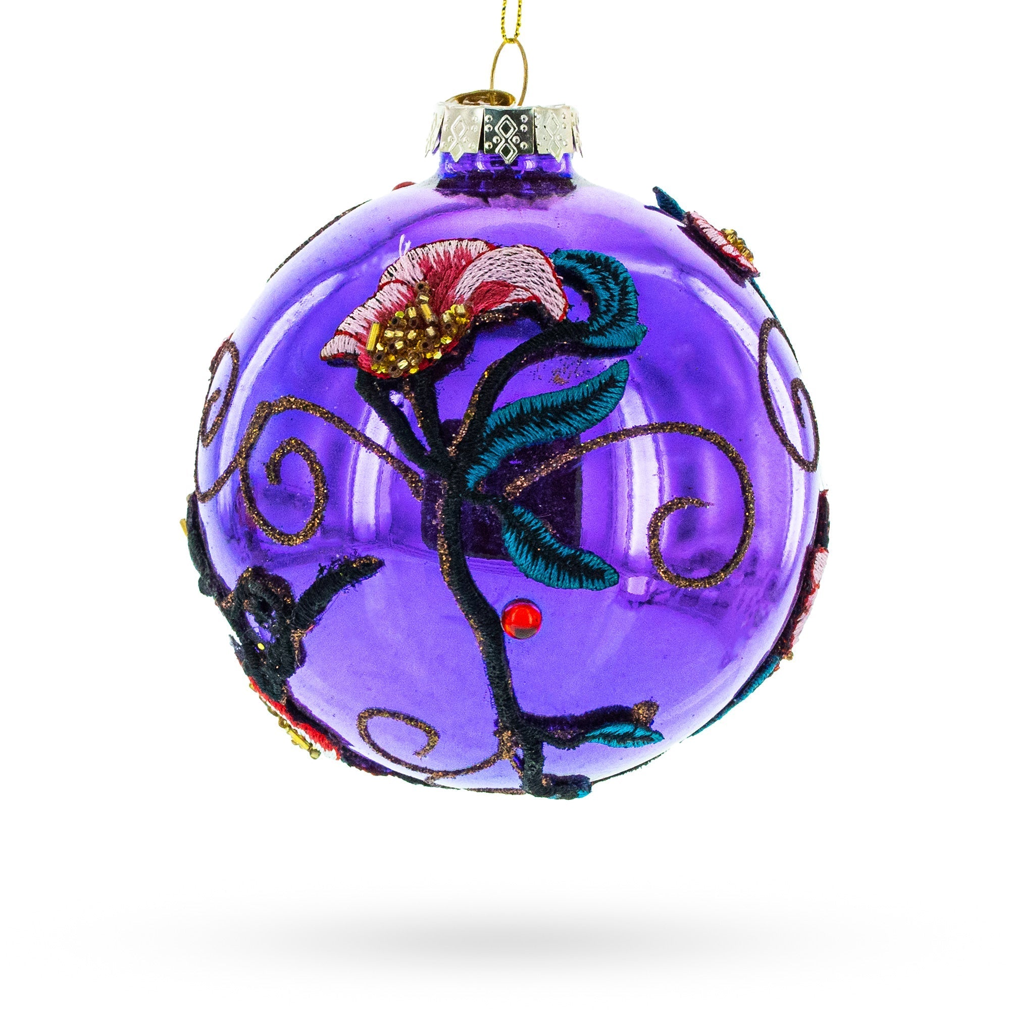 Embroidered Flowers on Purple Glass Ball Christmas Ornament Christmas Ornaments > Flowers La Vie Bien Embroidered Flowers on Purple Glass Ball Christmas Ornament