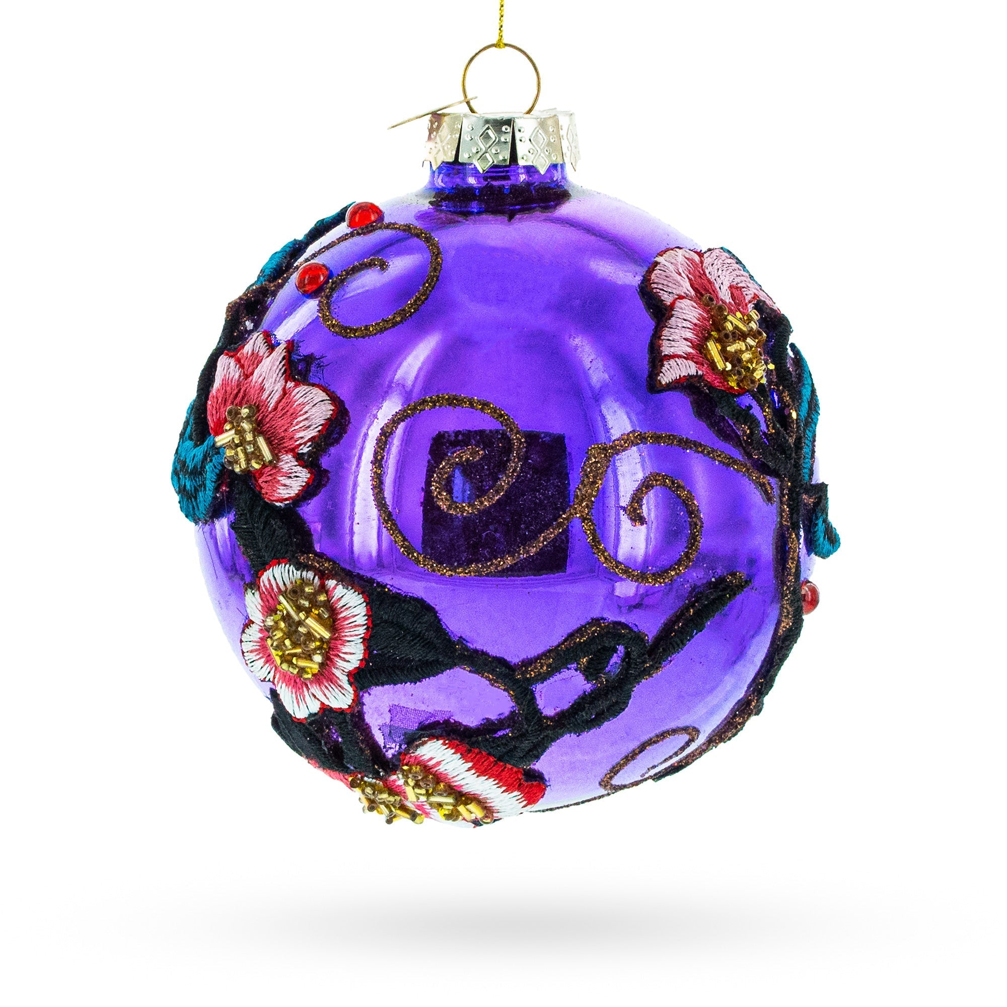 Embroidered Flowers on Purple Glass Ball Christmas Ornament Christmas Ornaments > Flowers La Vie Bien Embroidered Flowers on Purple Glass Ball Christmas Ornament
