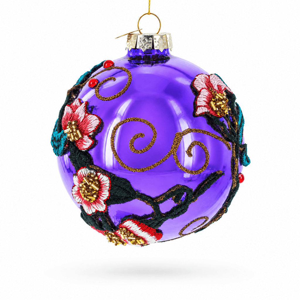 Embroidered Flowers on Purple Glass Ball Christmas Ornament Christmas Ornaments > Flowers La Vie Bien Embroidered Flowers on Purple Glass Ball Christmas Ornament