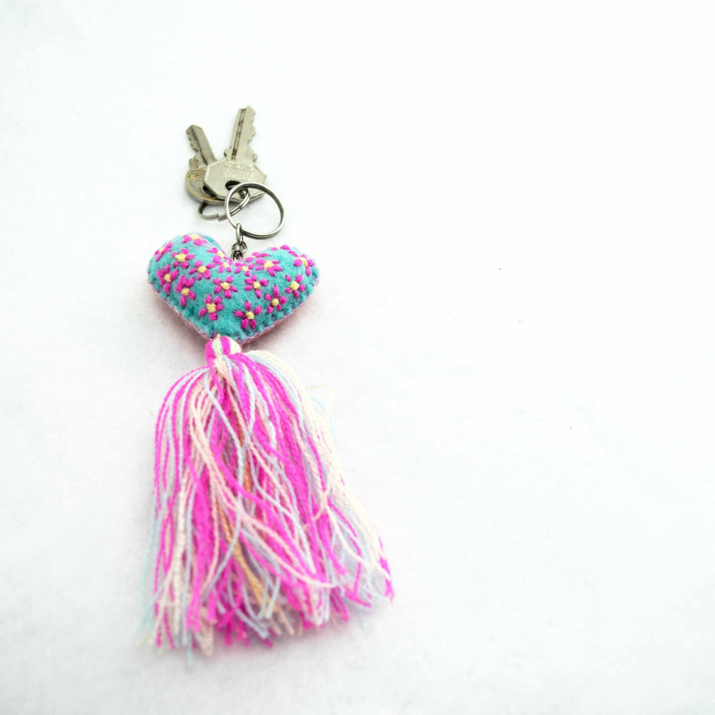 Embroidered Love Heart Tassel Keychain - Mexico Keychains La Vie Bien Embroidered Love Heart Tassel Keychain - Mexico
