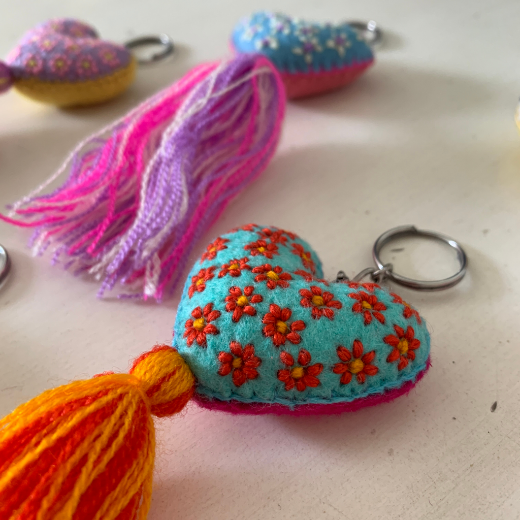 Embroidered Love Heart Tassel Keychain - Mexico Keychains La Vie Bien Embroidered Love Heart Tassel Keychain - Mexico