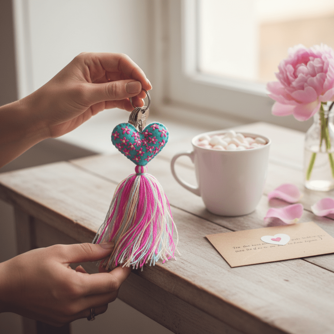 Embroidered Love Heart Tassel Keychain - Mexico Keychains La Vie Bien Embroidered Love Heart Tassel Keychain - Mexico