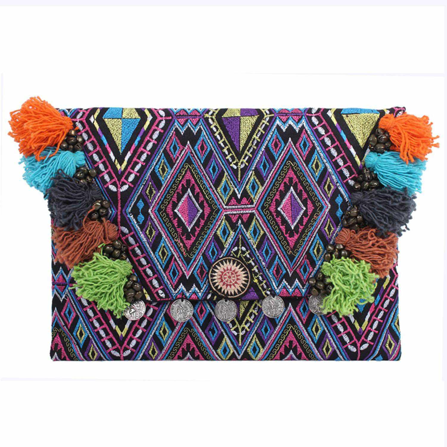 Embroidered Multi Tassel Clutch Bag | IPad Case - Thailand Bags La Vie Bien Embroidered Multi Tassel Clutch Bag | IPad Case - Thailand