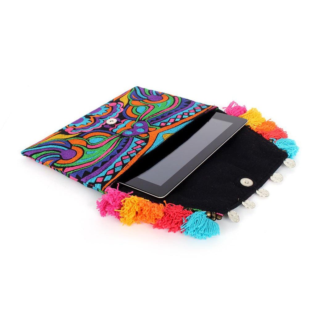 Embroidered Multi Tassel Clutch Bag | IPad Case - Thailand Bags La Vie Bien Embroidered Multi Tassel Clutch Bag | IPad Case - Thailand