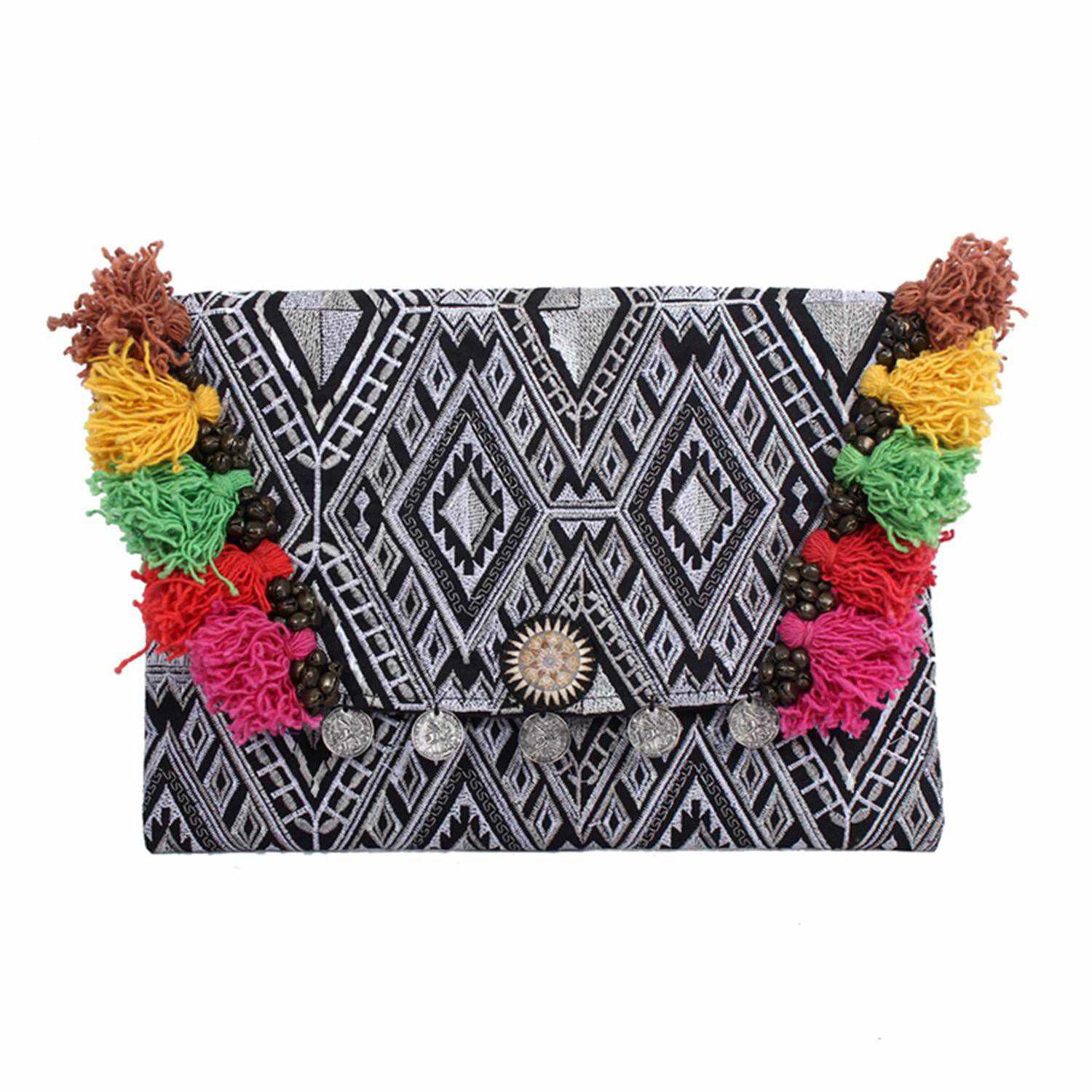 Embroidered Multi Tassel Clutch Bag | IPad Case - Thailand Bags La Vie Bien Embroidered Multi Tassel Clutch Bag | IPad Case - Thailand