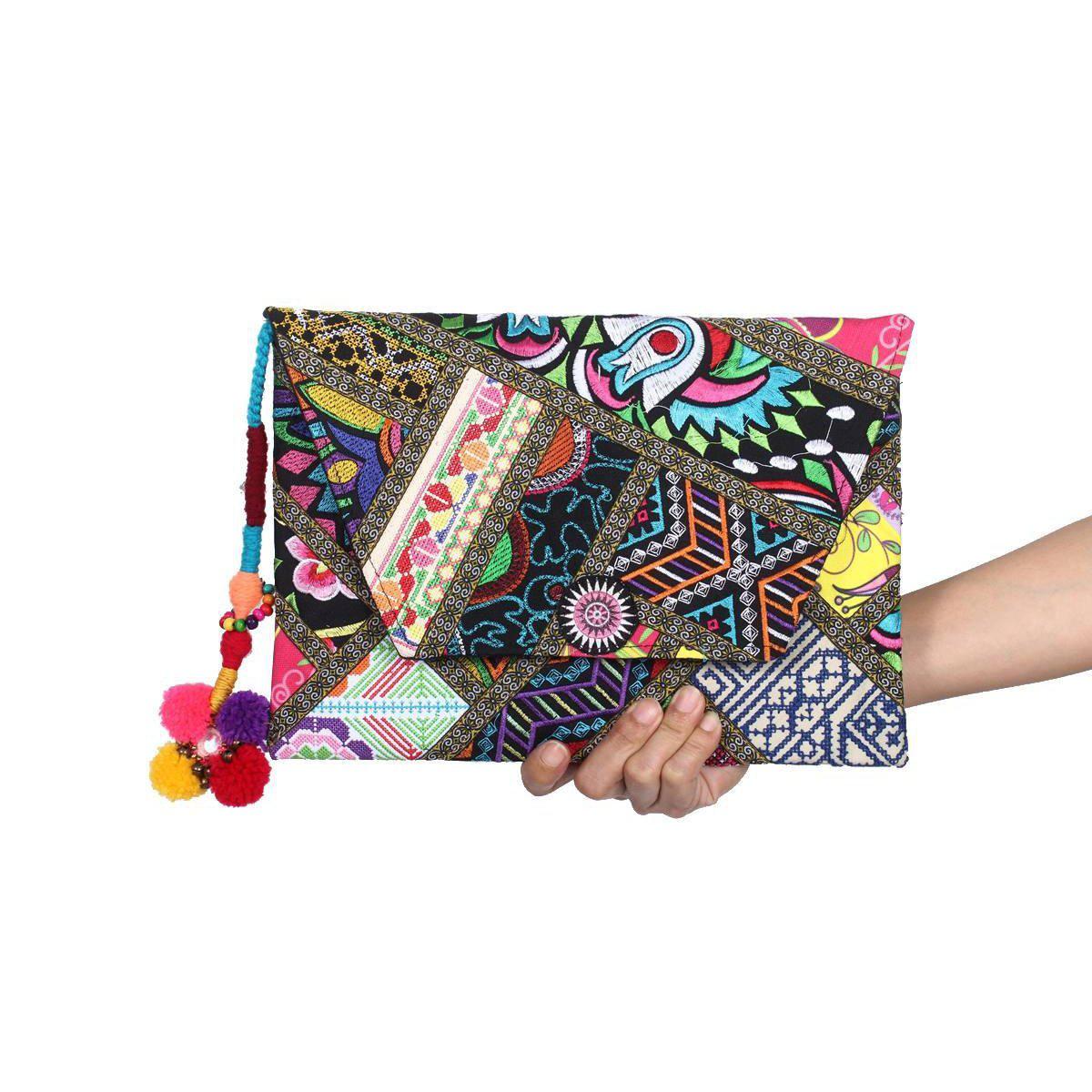 Embroidered Patchwork Clutch with Pom Pom Tassel - Thailand Bags La Vie Bien Embroidered Patchwork Clutch with Pom Pom Tassel - Thailand