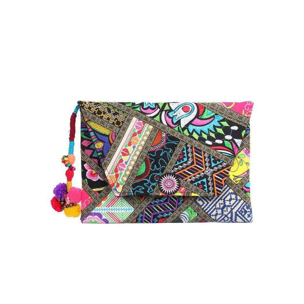 Embroidered Patchwork Clutch with Pom Pom Tassel - Thailand Bags La Vie Bien Embroidered Patchwork Clutch with Pom Pom Tassel - Thailand
