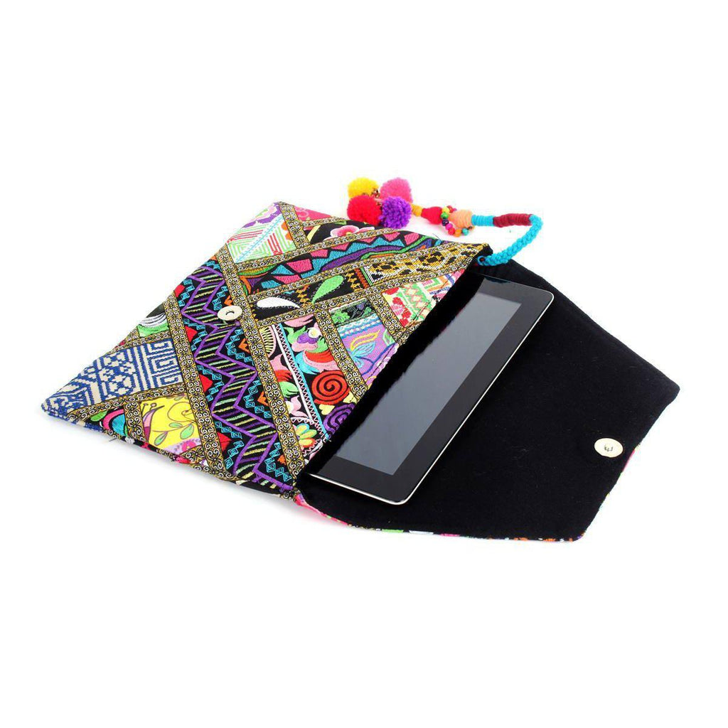Embroidered Patchwork Clutch with Pom Pom Tassel - Thailand Bags La Vie Bien Embroidered Patchwork Clutch with Pom Pom Tassel - Thailand