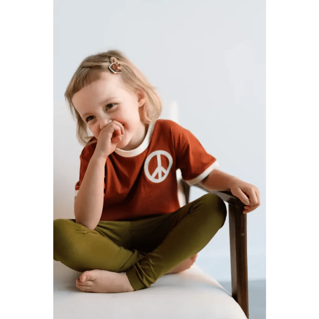 Embroidered Peace Sign T-Shirt in Auburn for Kids by Polished Prints