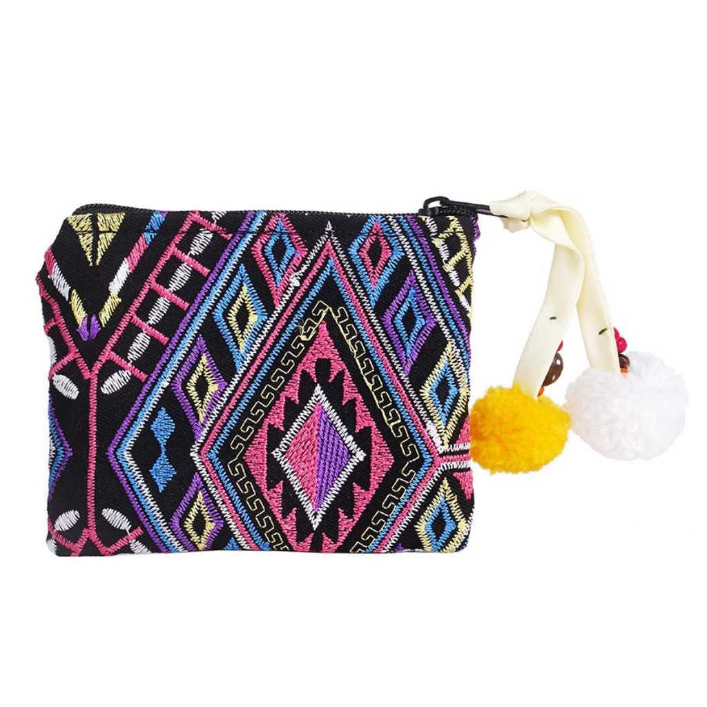 Embroidered Pompom Artisanal Coin Purse - Thailand Bags La Vie Bien Embroidered Pompom Artisanal Coin Purse - Thailand