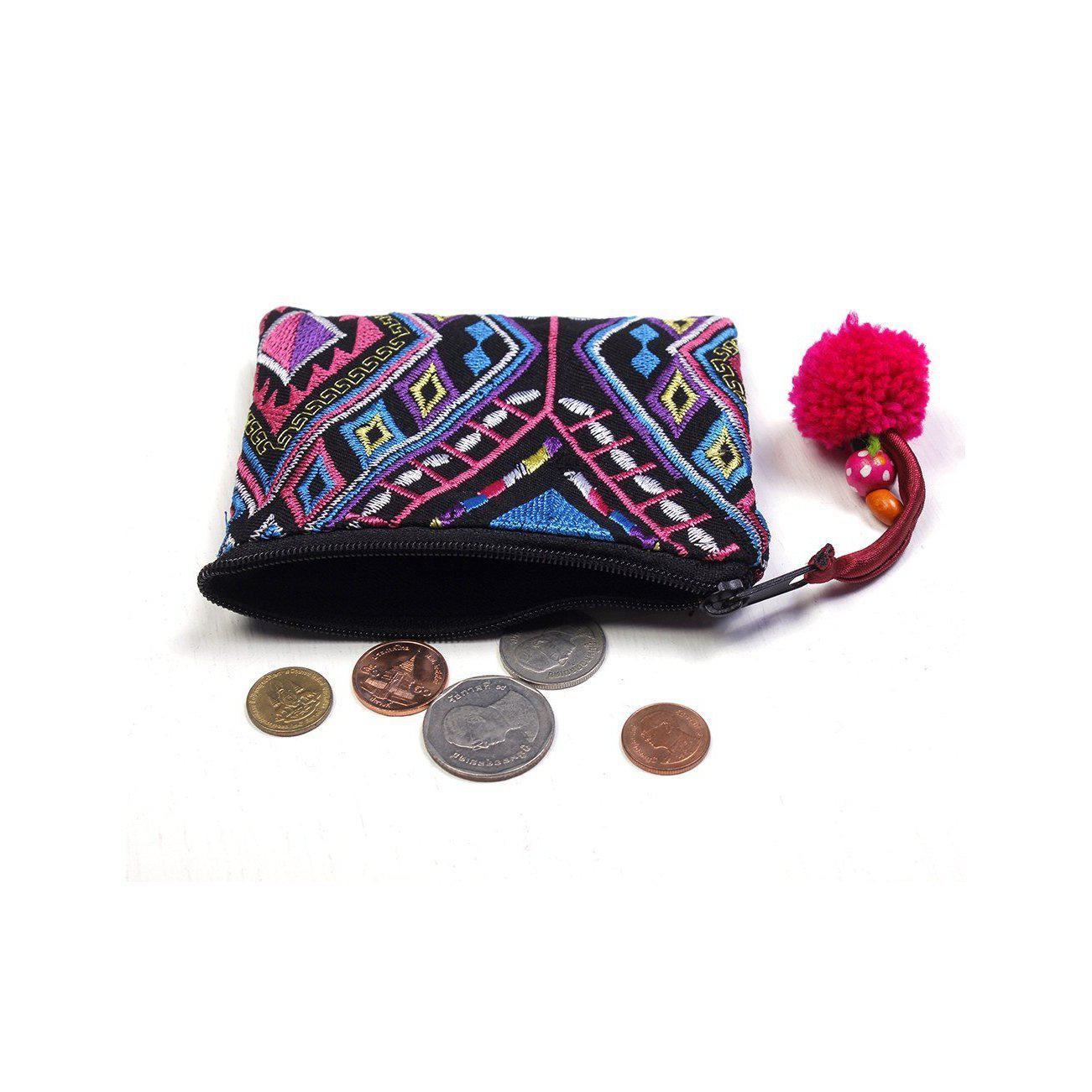 Embroidered Pompom Artisanal Coin Purse - Thailand Bags La Vie Bien Embroidered Pompom Artisanal Coin Purse - Thailand