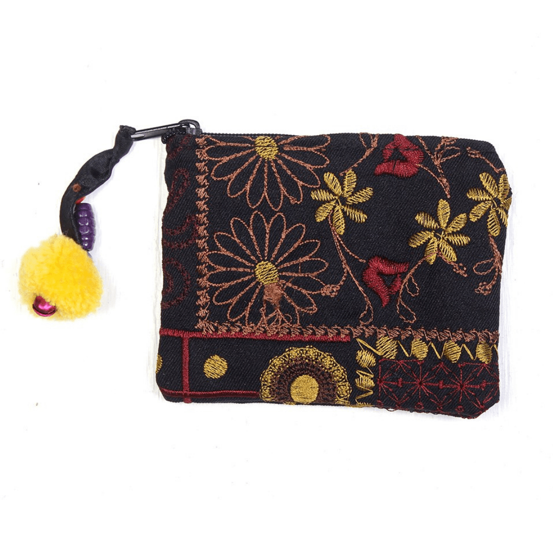 Embroidered Pompom Artisanal Coin Purse - Thailand Bags La Vie Bien Embroidered Pompom Artisanal Coin Purse - Thailand