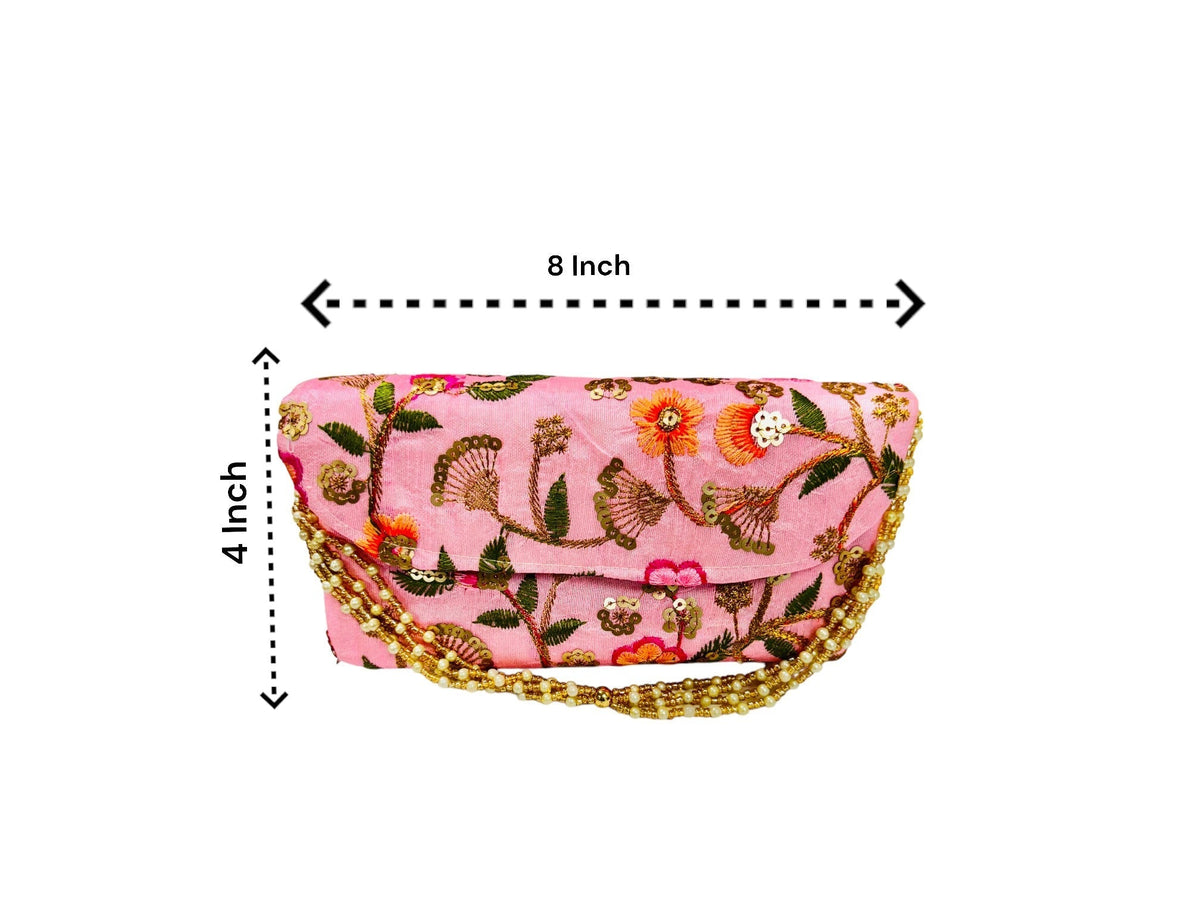 Embroidered Silk Clutch with Pearl Belt Clutch La Vie Bien Embroidered Silk Clutch with Pearl Belt