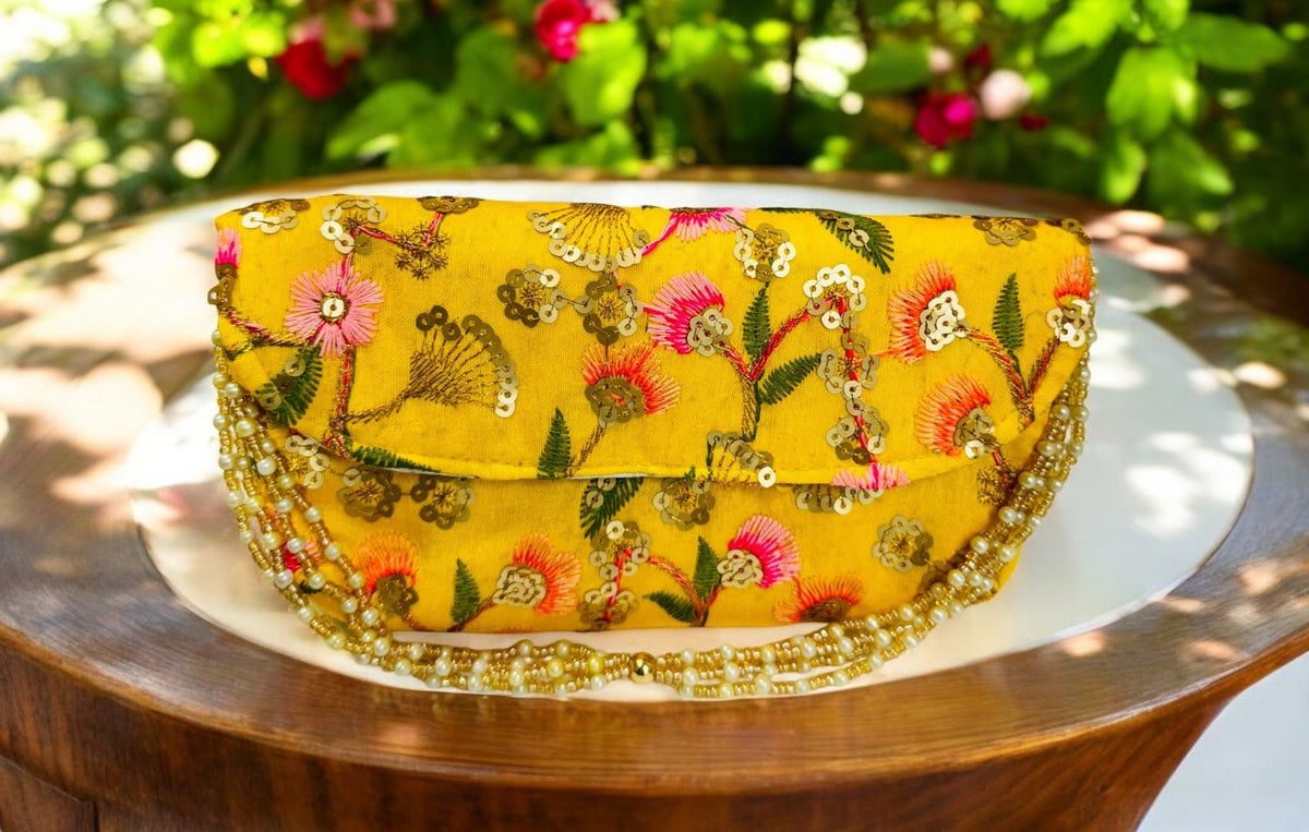Embroidered Silk Clutch with Pearl Belt Clutch La Vie Bien Embroidered Silk Clutch with Pearl Belt