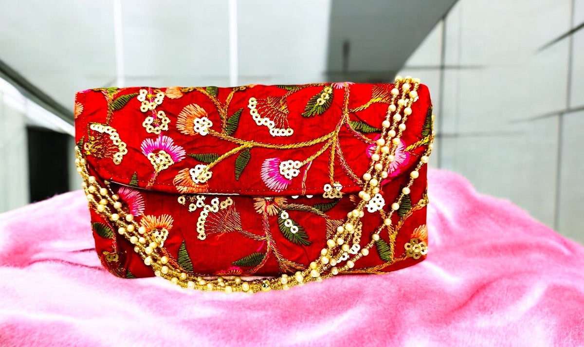 Embroidered Silk Clutch with Pearl Belt Clutch La Vie Bien Embroidered Silk Clutch with Pearl Belt