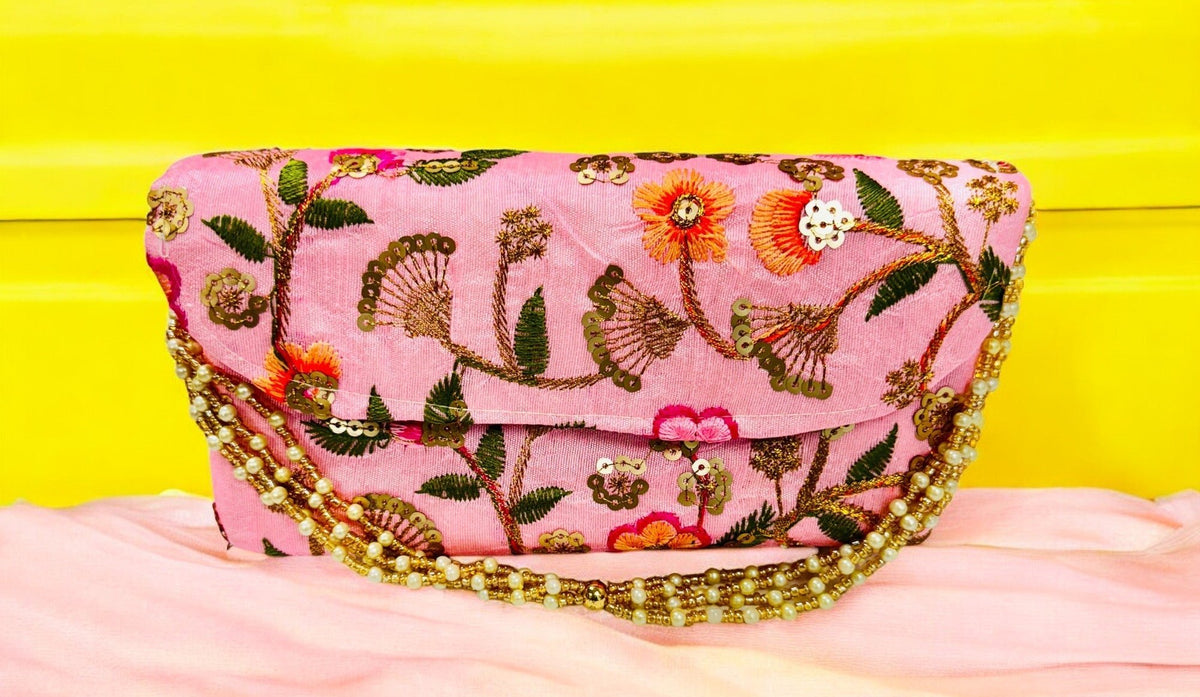 Embroidered Silk Clutch with Pearl Belt Clutch La Vie Bien Embroidered Silk Clutch with Pearl Belt
