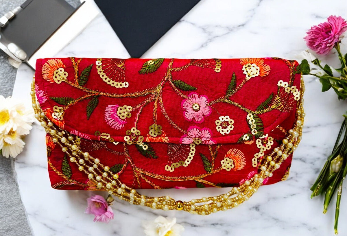 Embroidered Silk Clutch with Pearl Belt Clutch La Vie Bien Embroidered Silk Clutch with Pearl Belt