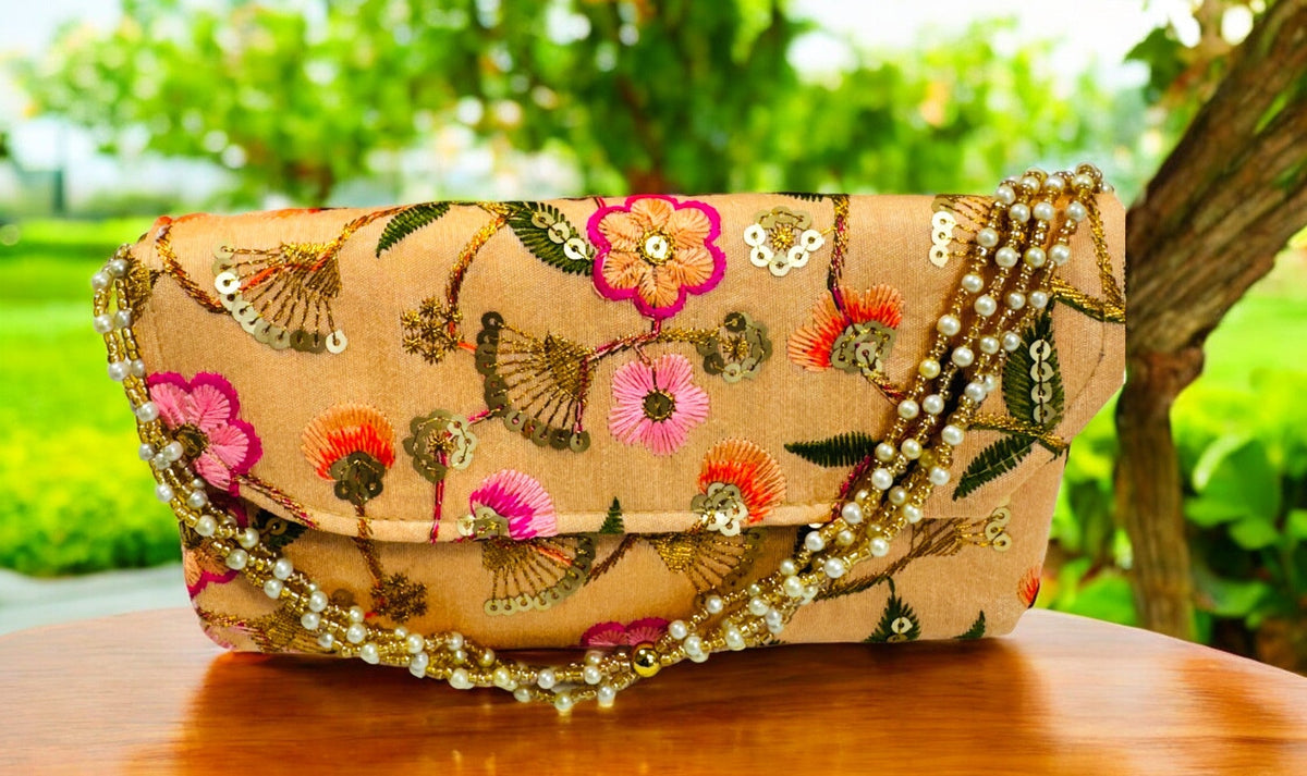 Embroidered Silk Clutch with Pearl Belt Clutch La Vie Bien Embroidered Silk Clutch with Pearl Belt