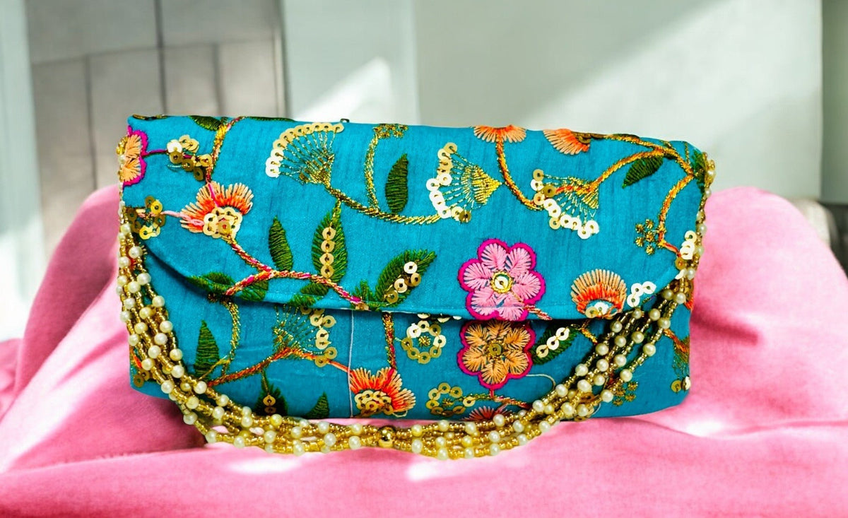 Embroidered Silk Clutch with Pearl Belt Clutch La Vie Bien Embroidered Silk Clutch with Pearl Belt