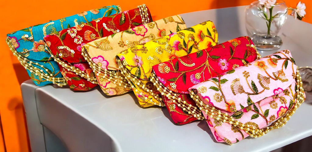 Embroidered Silk Clutch with Pearl Belt , Set of 5 Clutch La Vie Bien Embroidered Silk Clutch with Pearl Belt , Set of 5