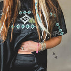 Embroidered Western Motif Poncho Style Satin Look Top "High End Bucks" Apparel La Vie Bien Embroidered Western Motif Poncho Style Satin Look Top "High End Bucks"