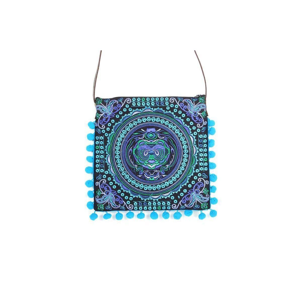 Embroidery Sling Crossbody Bag With Pompoms - Thailand Bags La Vie Bien Embroidery Sling Crossbody Bag With Pompoms - Thailand