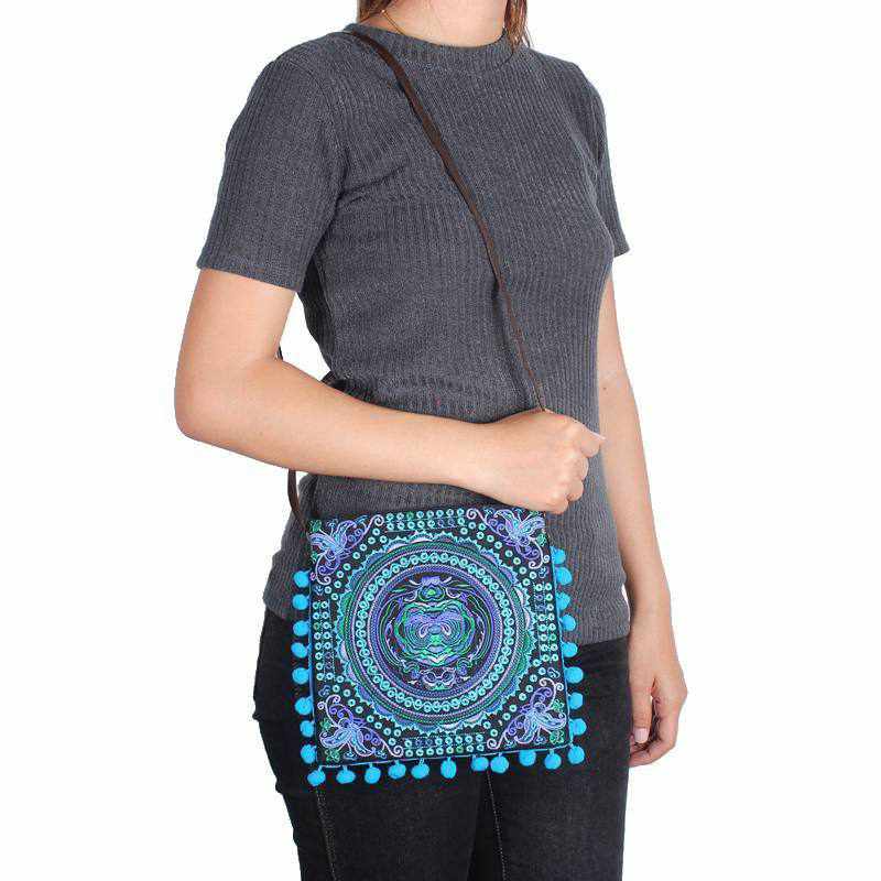 Embroidery Sling Crossbody Bag With Pompoms - Thailand Bags La Vie Bien Embroidery Sling Crossbody Bag With Pompoms - Thailand