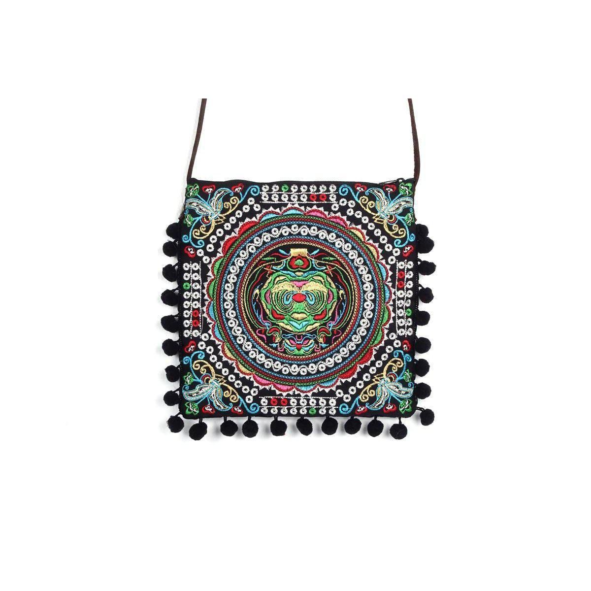 Embroidery Sling Crossbody Bag With Pompoms - Thailand Bags La Vie Bien Embroidery Sling Crossbody Bag With Pompoms - Thailand