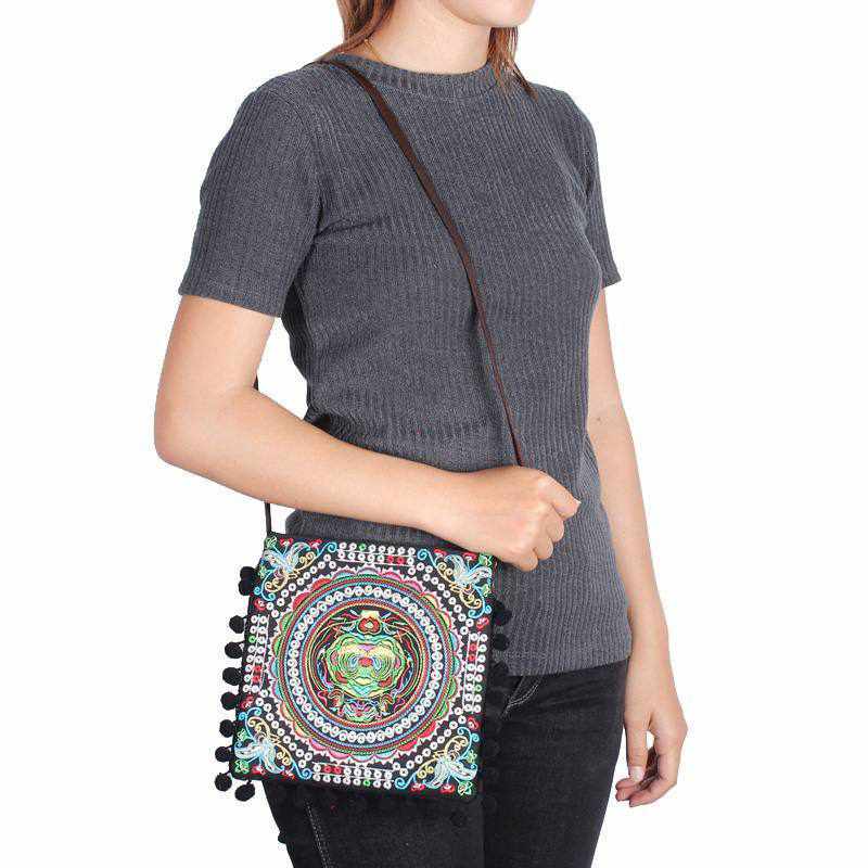 Embroidery Sling Crossbody Bag With Pompoms - Thailand Bags La Vie Bien Embroidery Sling Crossbody Bag With Pompoms - Thailand