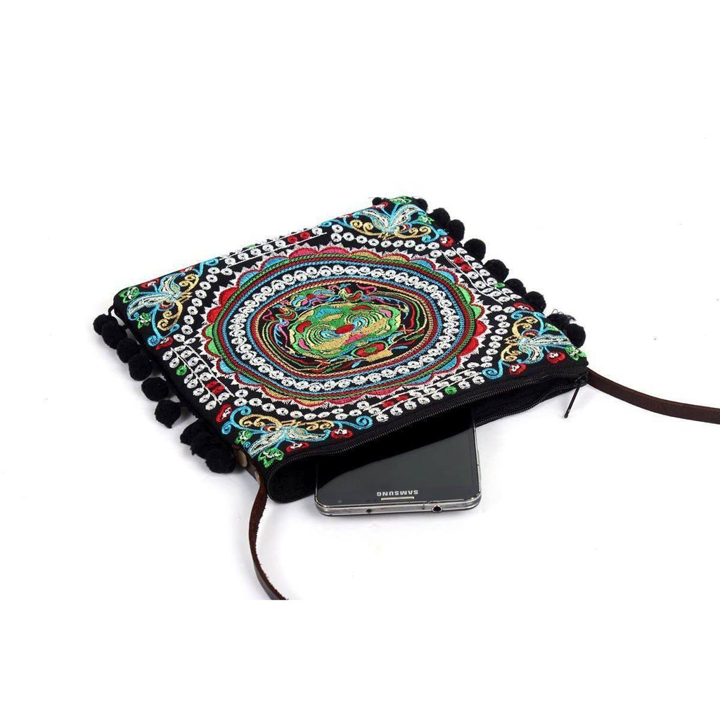 Embroidery Sling Crossbody Bag With Pompoms - Thailand Bags La Vie Bien Embroidery Sling Crossbody Bag With Pompoms - Thailand