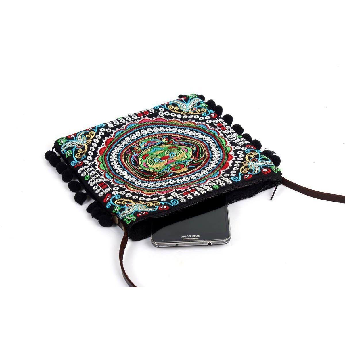 Embroidery Sling Crossbody Bag With Pompoms - Thailand Bags La Vie Bien Embroidery Sling Crossbody Bag With Pompoms - Thailand