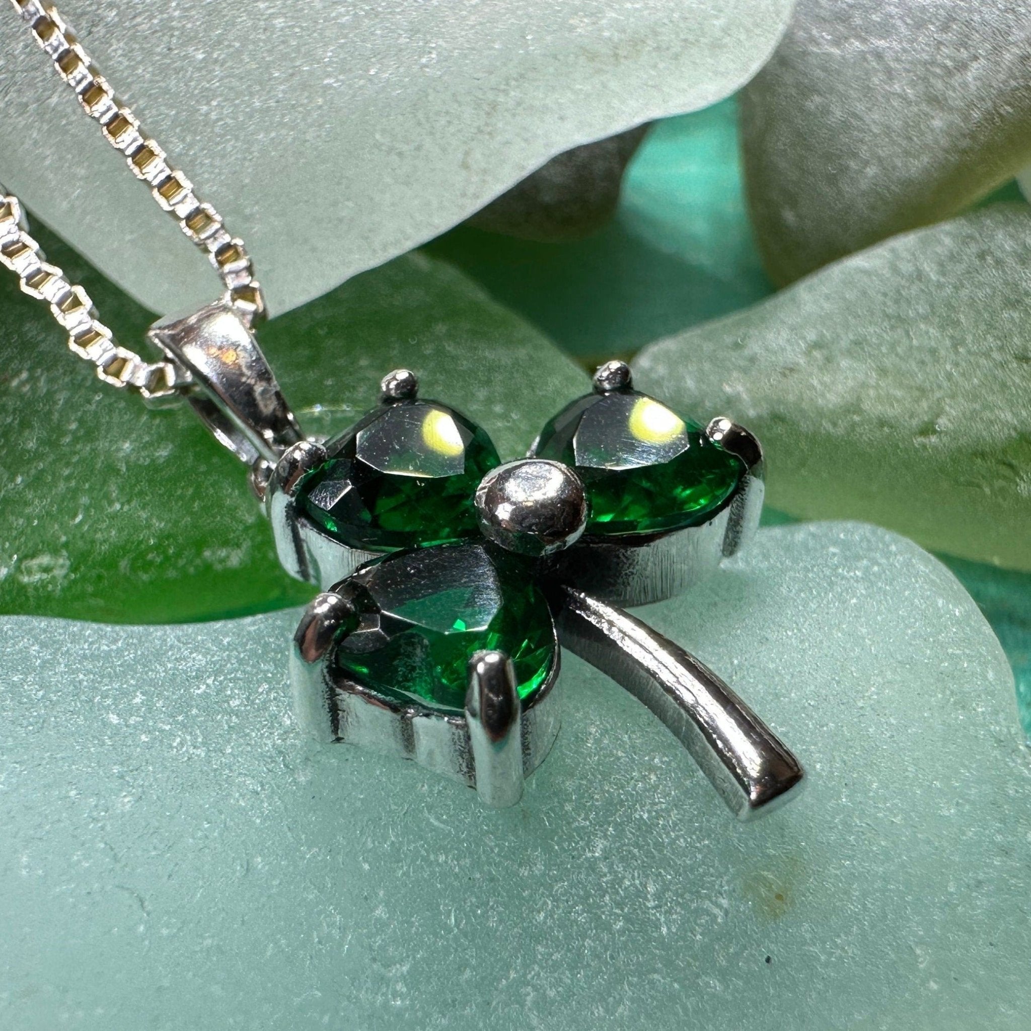 Emerald Irish Shamrock Necklace in Sterling Silver Pendant La Vie Bien Emerald Irish Shamrock Necklace in Sterling Silver