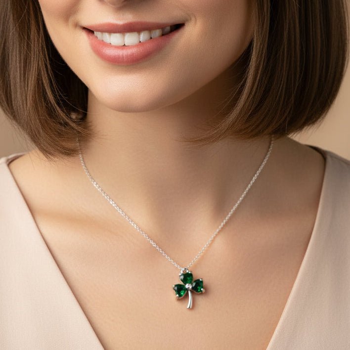 Emerald Irish Shamrock Necklace in Sterling Silver Pendant La Vie Bien Emerald Irish Shamrock Necklace in Sterling Silver