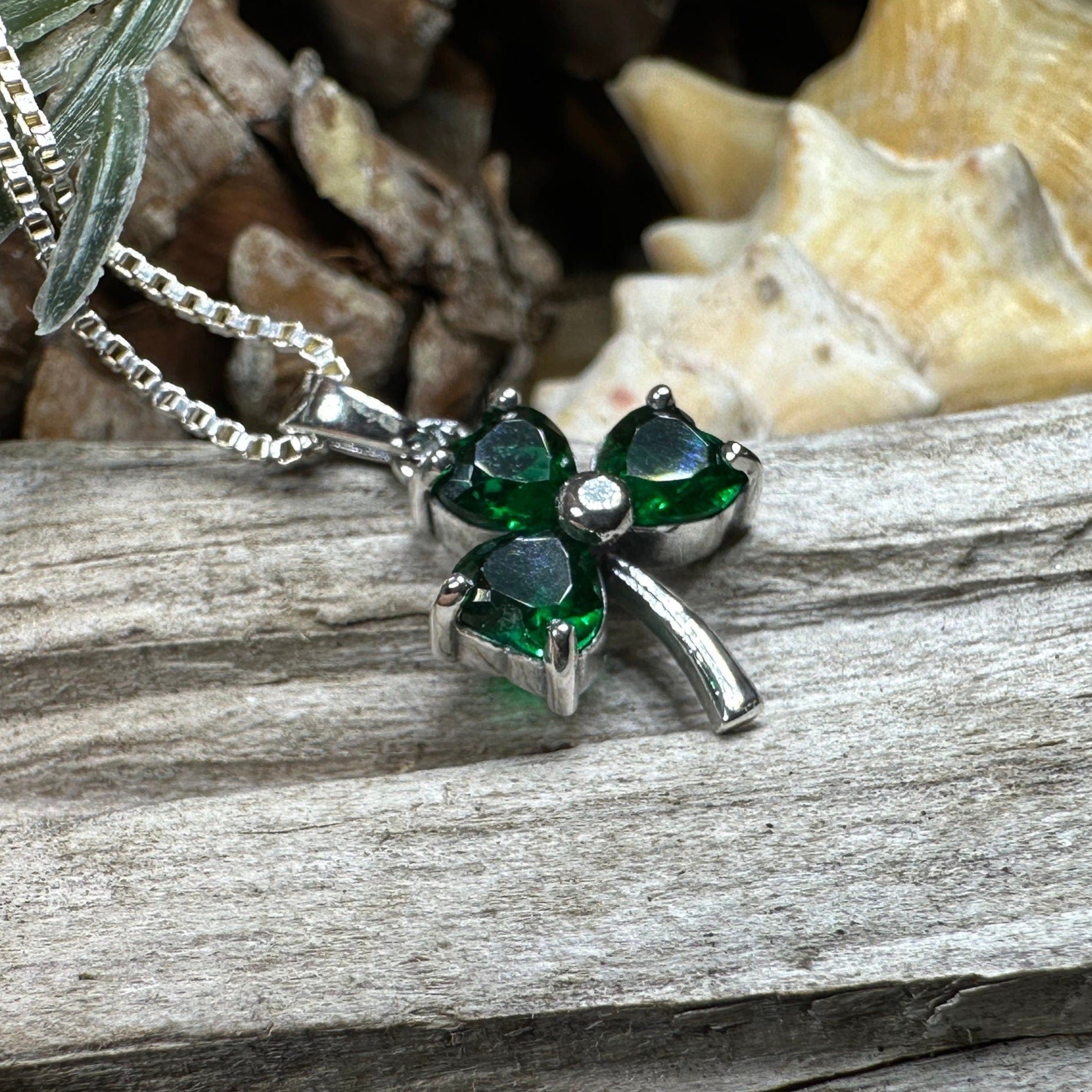 Emerald Irish Shamrock Necklace in Sterling Silver Pendant La Vie Bien Emerald Irish Shamrock Necklace in Sterling Silver