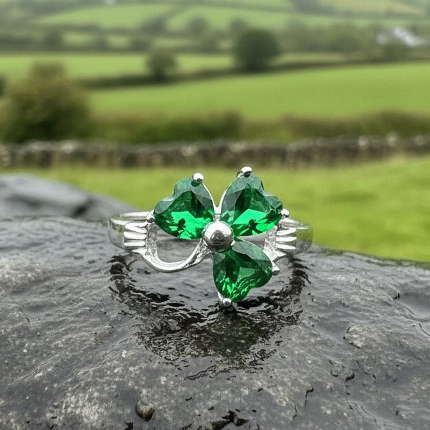 Emerald Irish Shamrock Ring in Sterling Silver Ring La Vie Bien Emerald Irish Shamrock Ring in Sterling Silver
