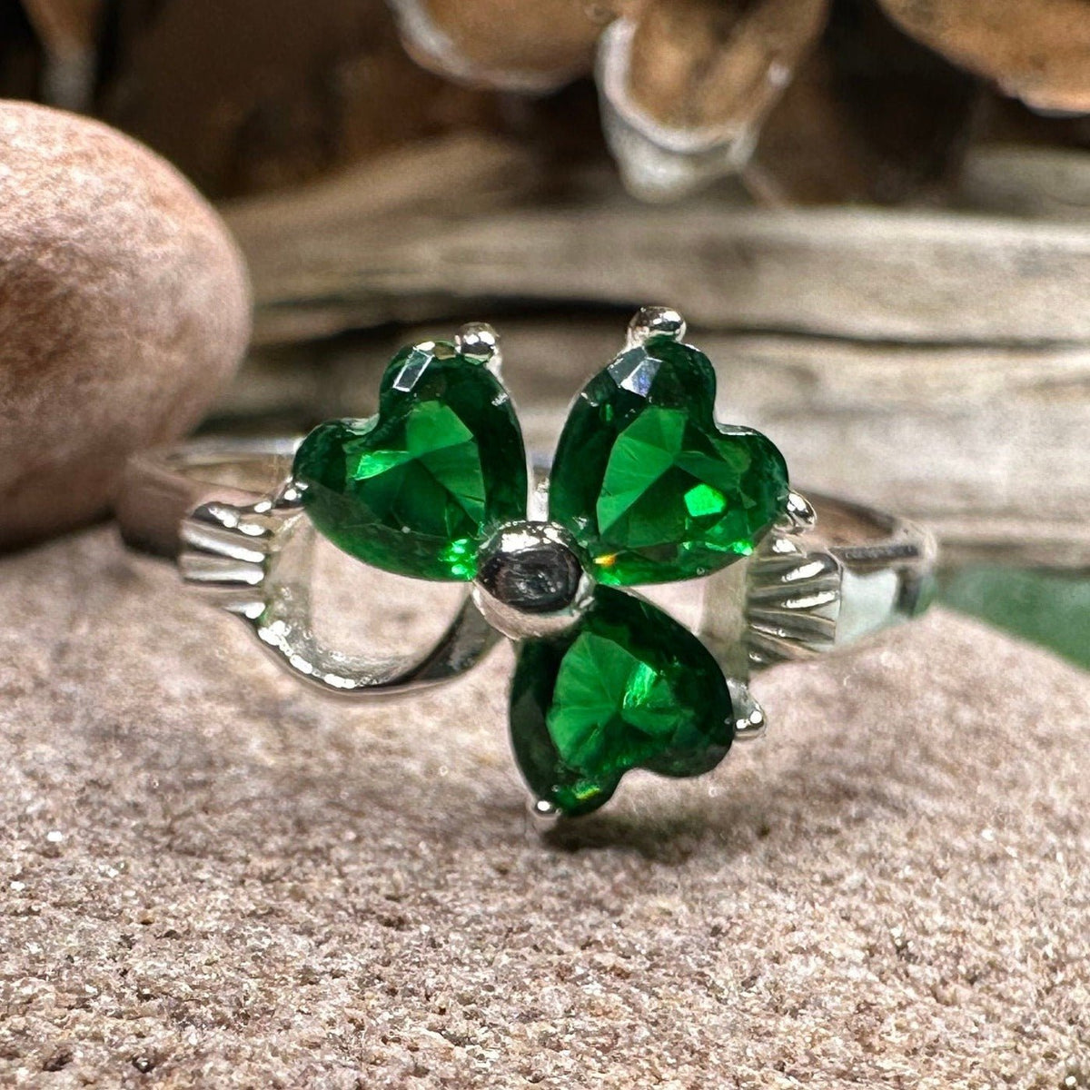 Emerald Irish Shamrock Ring in Sterling Silver Ring La Vie Bien Emerald Irish Shamrock Ring in Sterling Silver