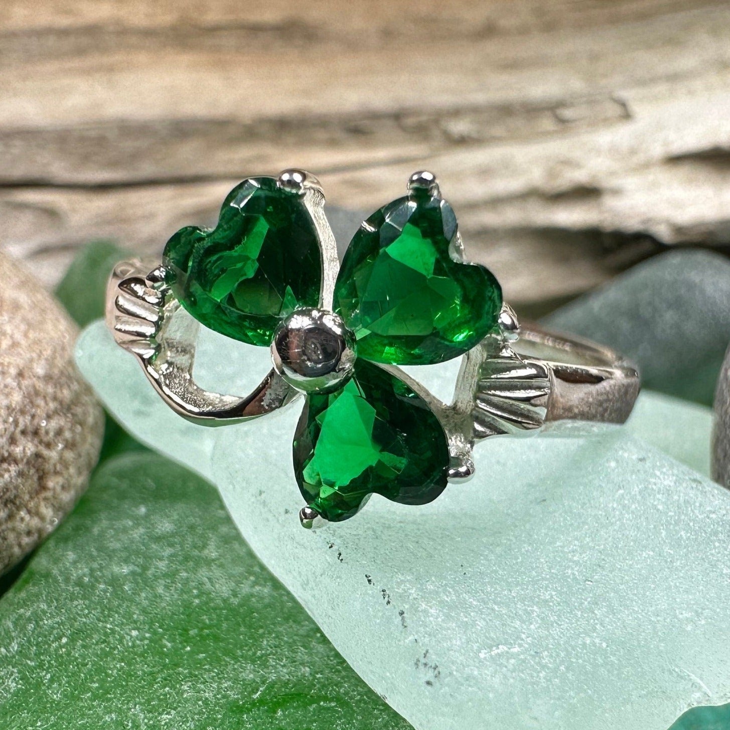 Emerald Irish Shamrock Ring in Sterling Silver Ring La Vie Bien Emerald Irish Shamrock Ring in Sterling Silver