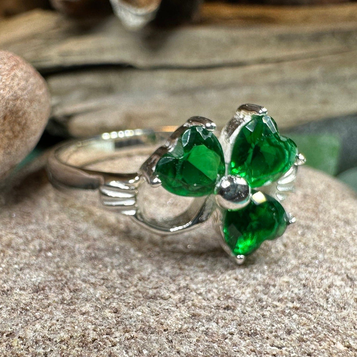 Emerald Irish Shamrock Ring in Sterling Silver Ring La Vie Bien Emerald Irish Shamrock Ring in Sterling Silver