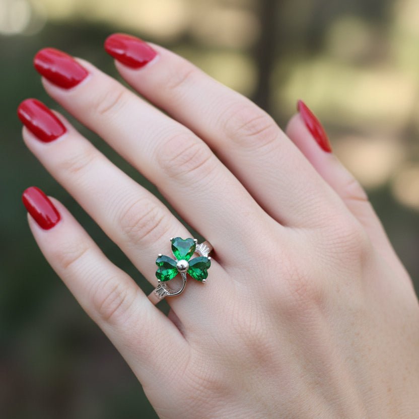 Emerald Irish Shamrock Ring in Sterling Silver Ring La Vie Bien Emerald Irish Shamrock Ring in Sterling Silver