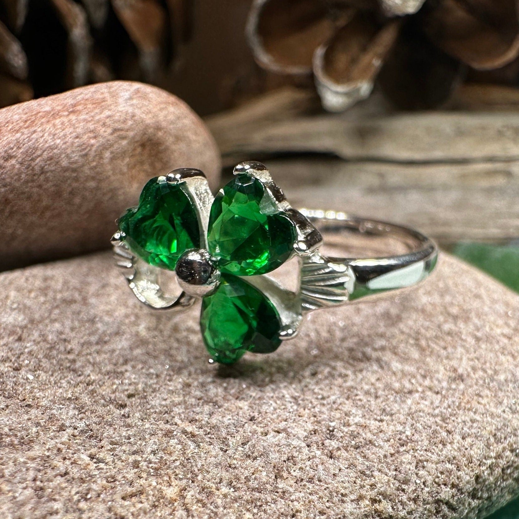 Emerald Irish Shamrock Ring in Sterling Silver Ring La Vie Bien Emerald Irish Shamrock Ring in Sterling Silver