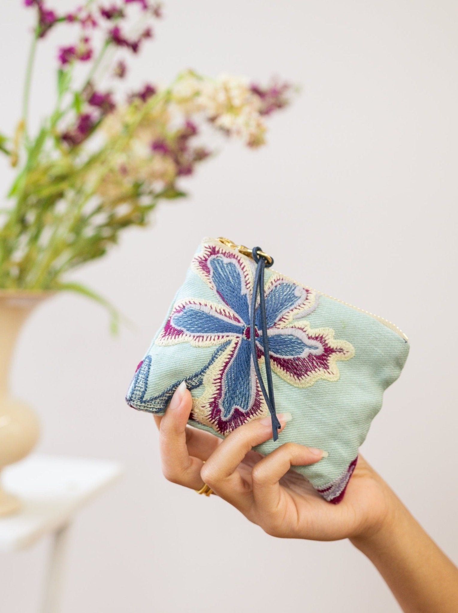 Enchanting Azure Embroidered Mini Pouch