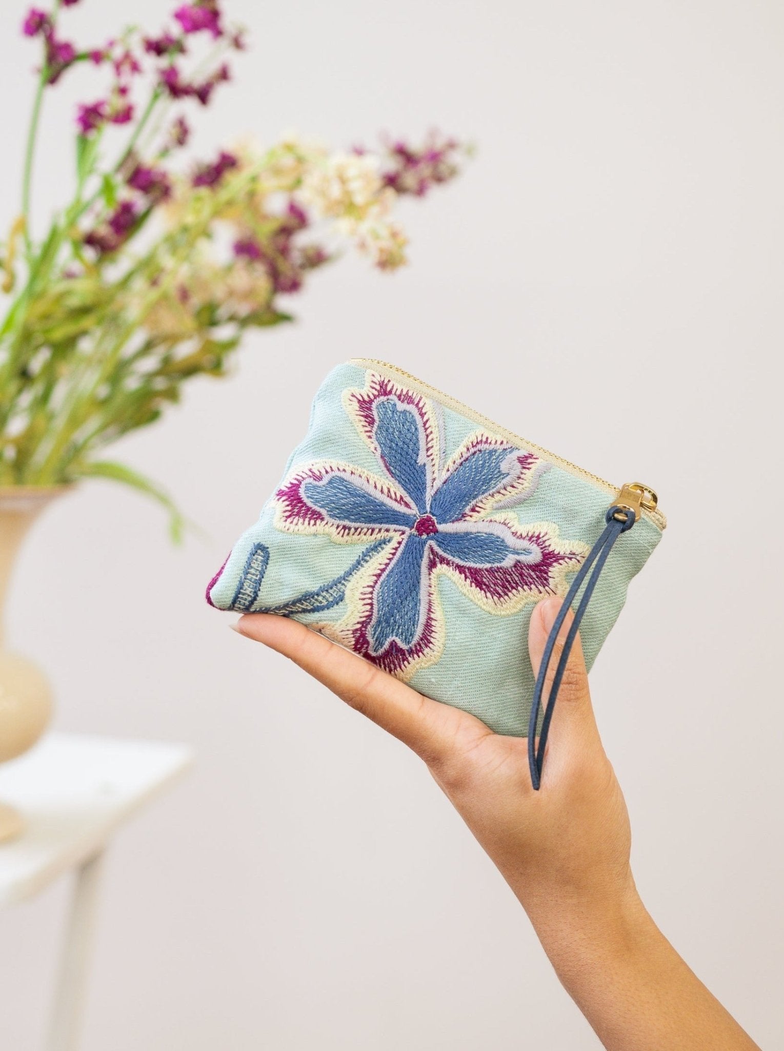 Enchanting Azure Embroidered Mini Pouch