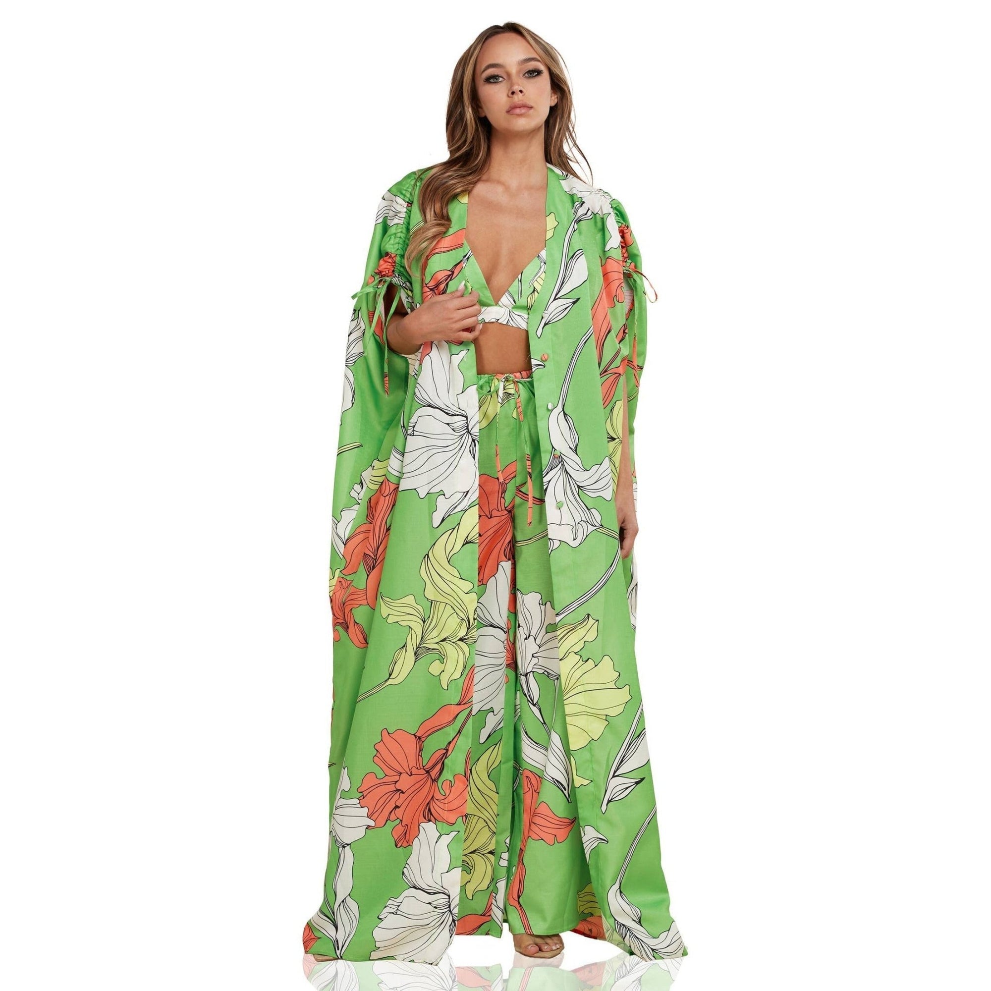 Enchanting Nature Seventies Vibe Leaf Flowy Pants and Robe Set [Size SM - L]